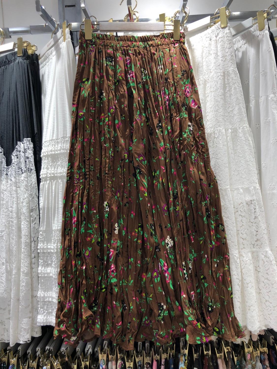 

2025 Весна Майяр кофейная цветочная плиссированная юбка женская иностранного стиля длинная юбка тонкая высокая талия юбка А-образного силуэта One size