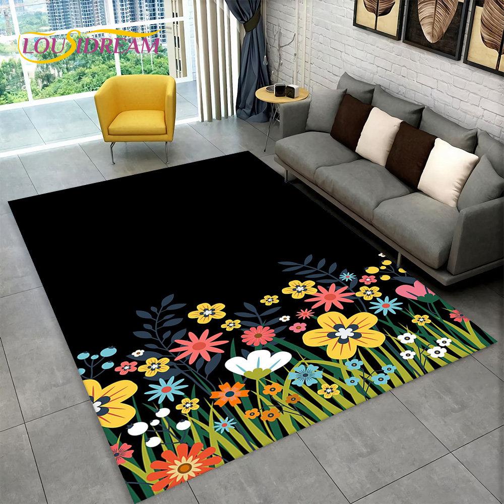 3D Nordisk Luksus Blomst Rose Områdeteppe Stort, Teppeteppe for Hjem Stue Soverom Sofa Dørmatte Dekor, Sklisikre Gulvmatter for Barn