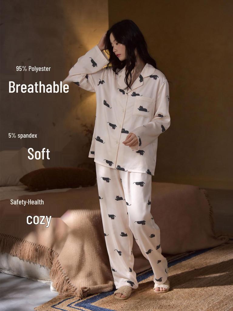 Damen-Eis-Seiden-Pyjama-Set mit Katzenmuster, langärmelig, für Frühling/Sommer - Koreanischer Stil für zierliche Frauen