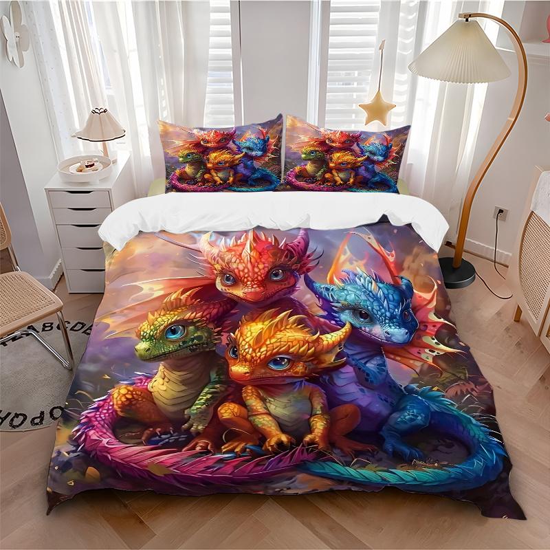 3pcs Anime Dragon Family Bedding Set - Includes One Quilt Cover and Two Pillowcases (No Core) - Polyester Fabric - Perfect for Bedroom and Guest Room
