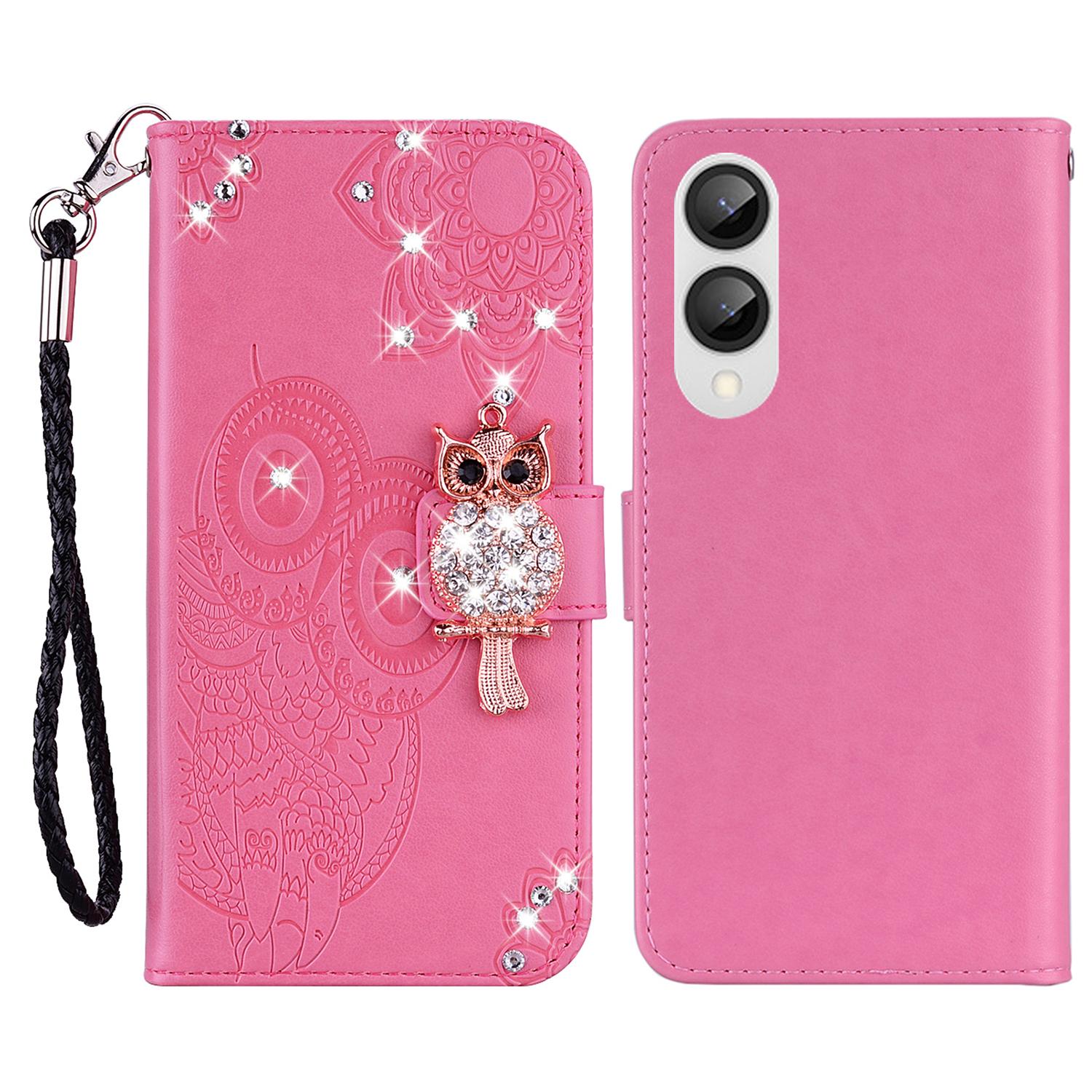 

For Samsung Galaxy S25 Edge Wallet Case Owl Flower Imprinted Rhinestone Leather Cover C