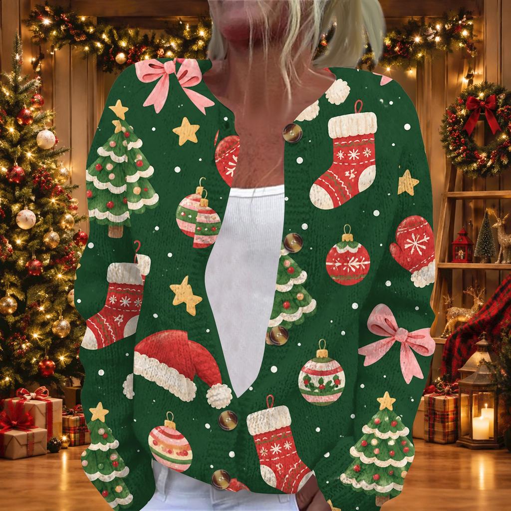 Women's Christmas Print Long Sleeve Knit Cardigan with Buttons for Holiday