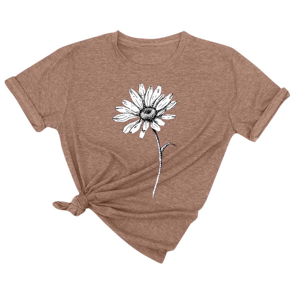 Women's Fashion Solid Color Round Neck Floral Print Pullover Casual T-Shirt