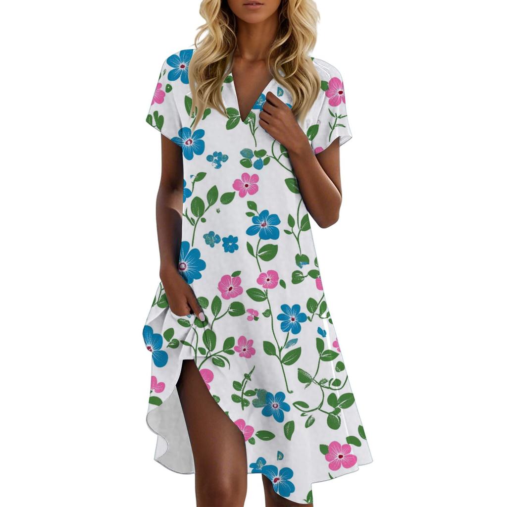 Women's Casual Fashion Stand Collar Floral Print Short Sleeve Dress