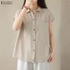 ZANZEA Women Casual Turn Down Collar Loose Short Sleeve Plaid Blouse