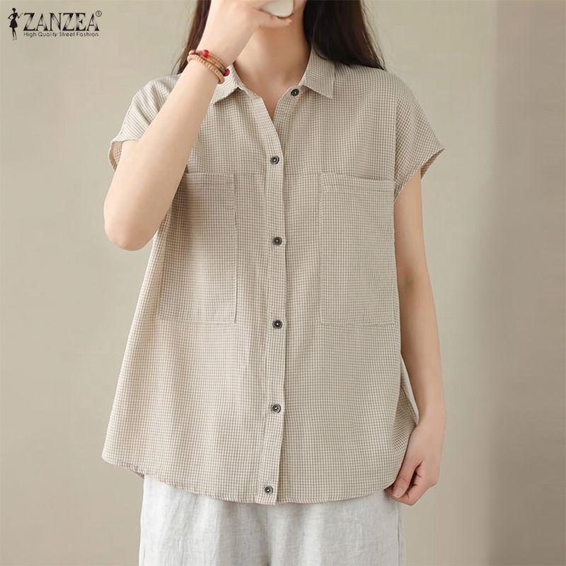ZANZEA Women Casual Turn Down Collar Loose Short Sleeve Plaid Blouse