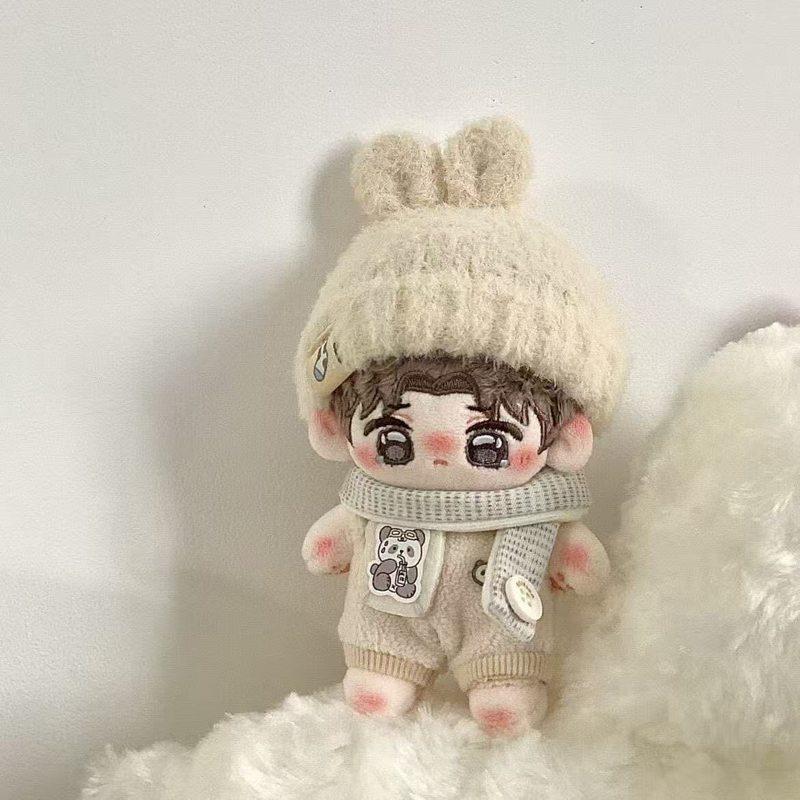 Only Clothes For 10Cm Doll Set Cute Milk White Rabbit Ear Hat Cute Plush Doll Dress Up Accessories Soft Jumpsuit Scarf Outfit