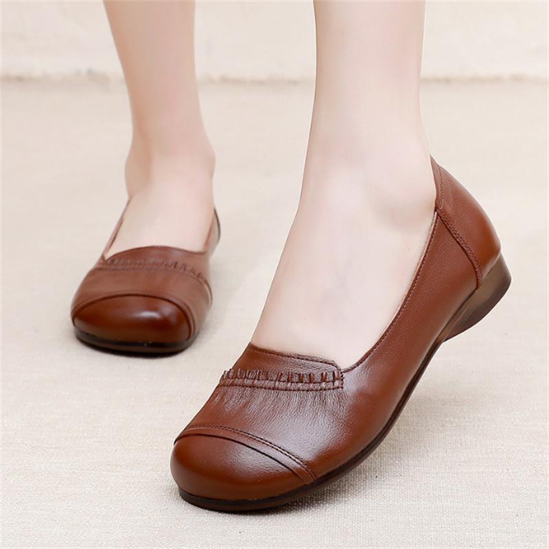 Size35-43 Spring Autumn Genuine Leather Soft Bottom Women Shoes Mom Women Slip-On Shallow Mouth Bow Casual Flat Black Work Shoes