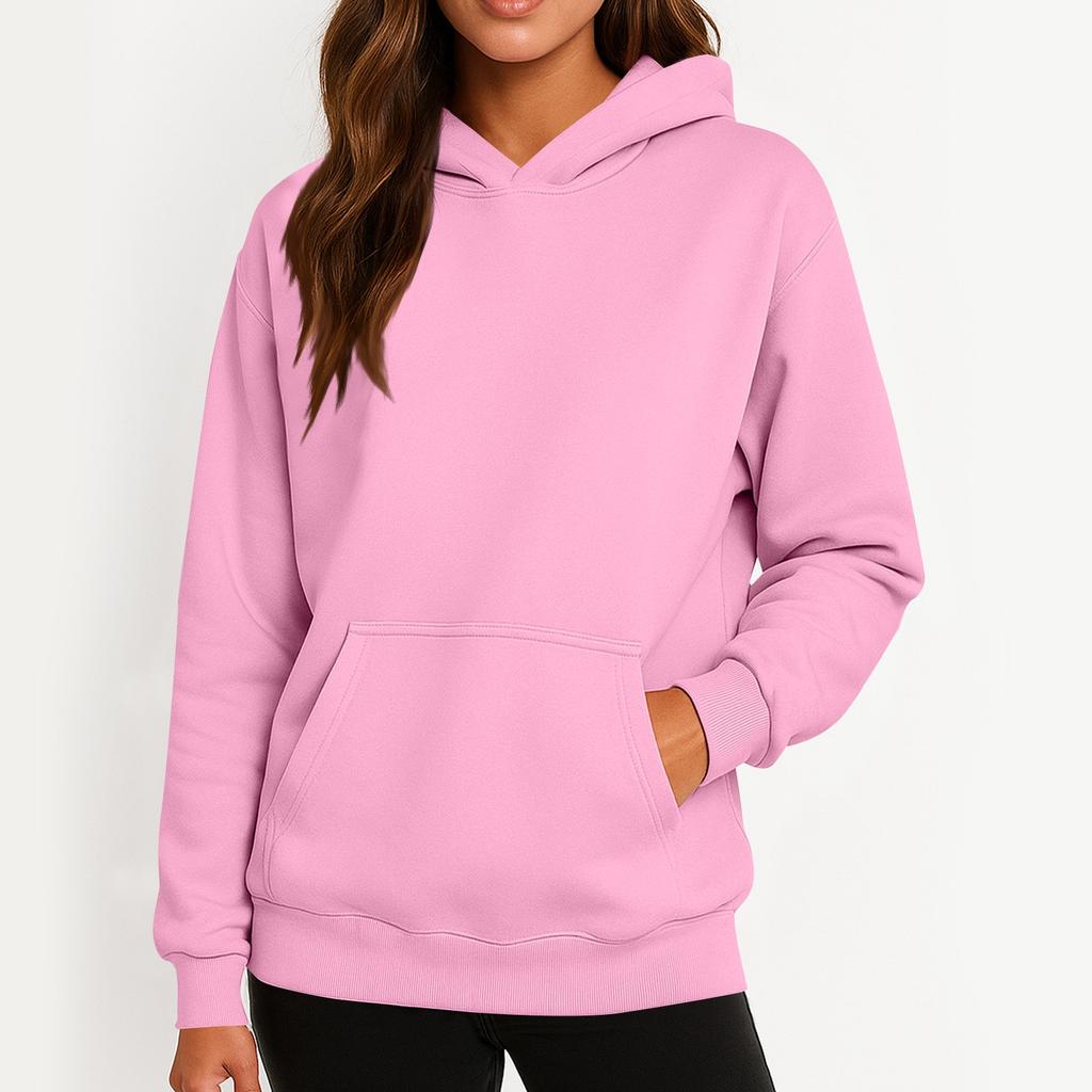 Ladies' Fashionable Solid Color Casual Hooded Pocket Long Sleeved Sweatshirt