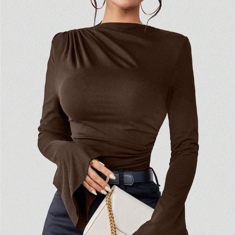 Wiosna Jesień Cienkie Plisowane Rozkloszowane Rękawy Casualowe Damskie T-shirty Eleganckie Kołnierzyk Stójka Slim Fit T-shirt Kobiety Odzież Prosta Vintage Baza Koszulki 26146