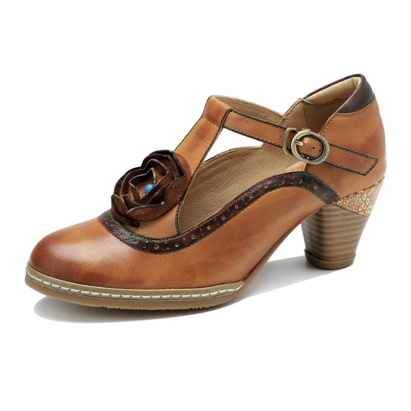 

Spring leather hand-polished retro Mary Jane high-heeled shoes 36 светло-коричневого