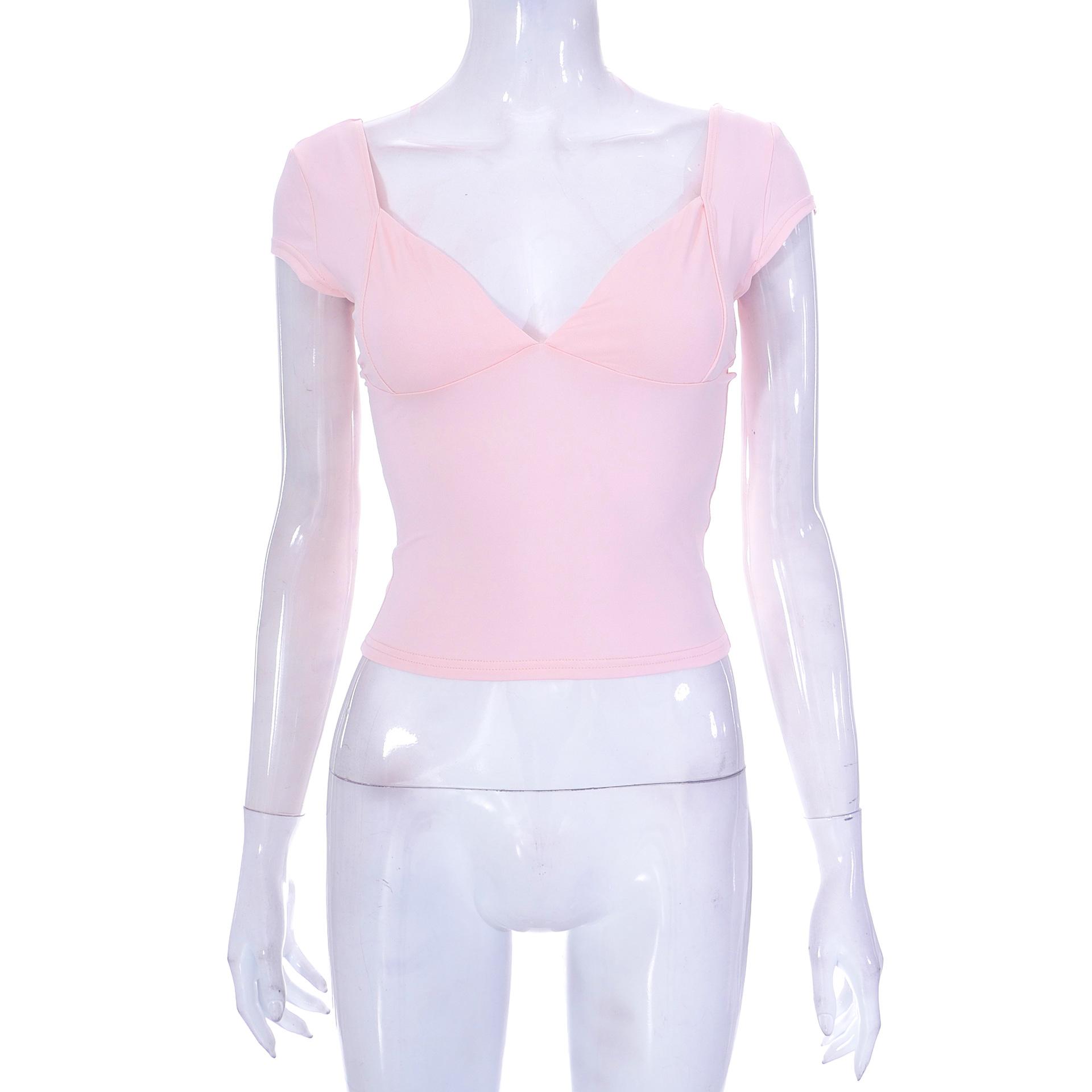 Женский весенне-летний повседневный топ GMXIA однотонный с глубоким круглым вырезом и короткими рукавами M