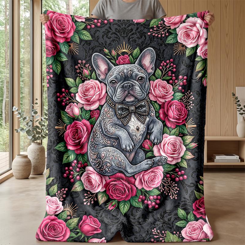 Floral Canine Portrait Theme Blanket Lightweight Warm Flannel Blanket Decorative Throw Blanket for Home Decoration