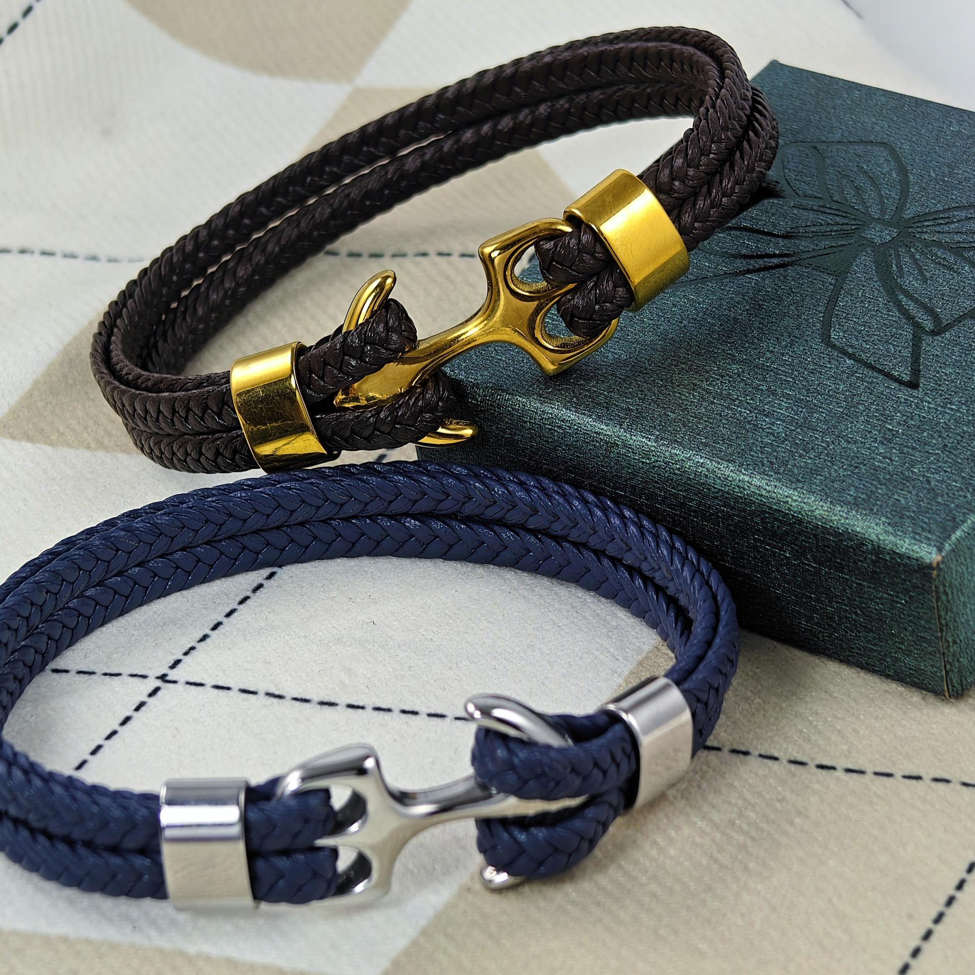 

Мужской европейский и американский браслет из нержавеющей стали с якорем и коровьей кожей