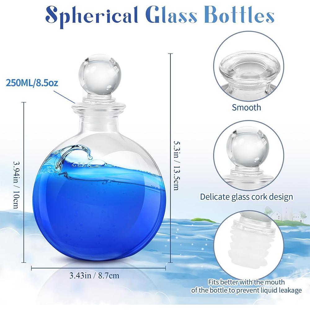 Spherical Glass Bottles, 8 Oz Round Bottle with Stopper, Glass Sphere Jar Reusable Refillable Bottles for Sand Costume Props DIY