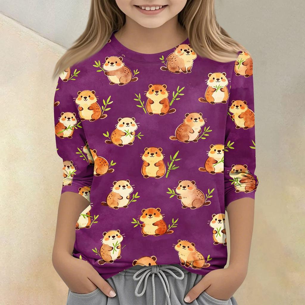 Kinder Tierdruck Rundhals Dreiviertelarm Lässiges T-Shirt Weicher Stoff Bequeme Passform Leichtes Design