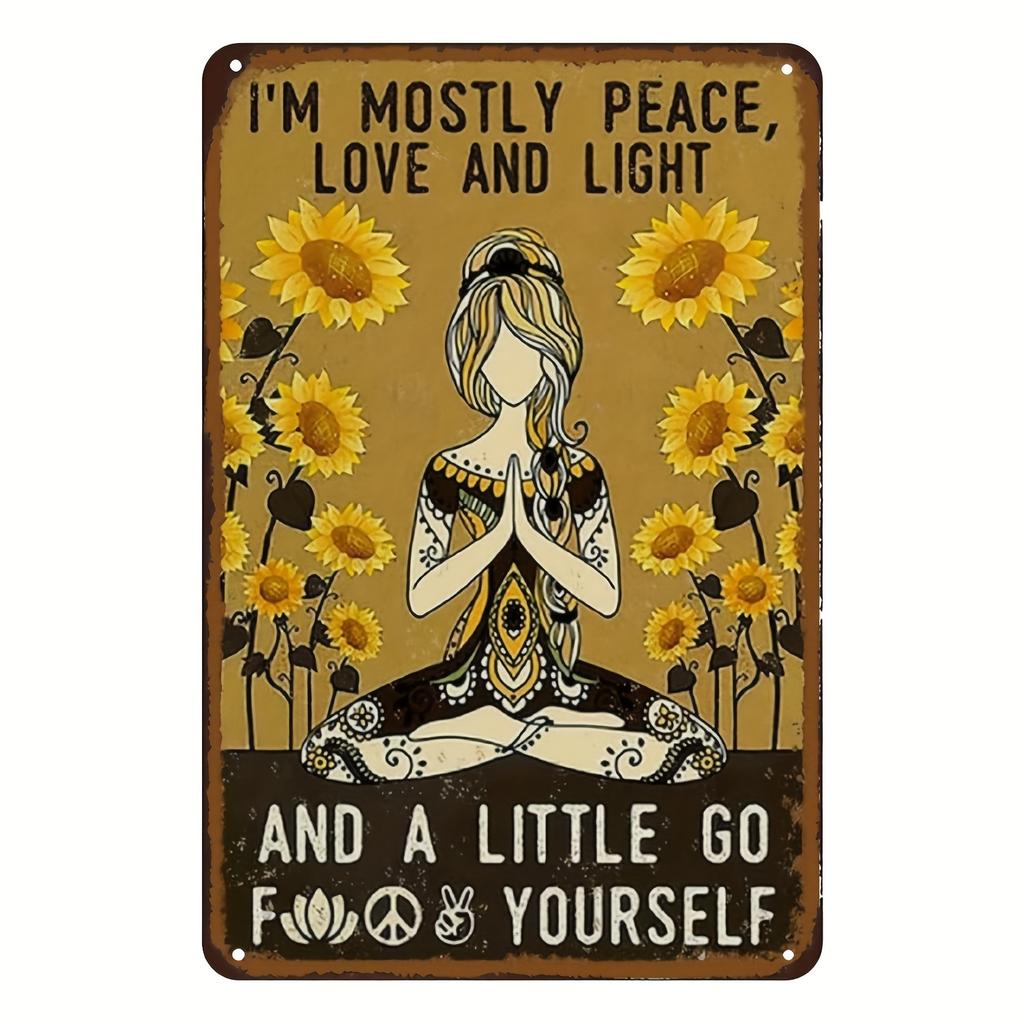 Vintage Böhmische Eisenwandkunst Ich bin meistens Frieden Liebe und Licht mit Sonnenblumen und Meditationssymbolen Metallschild für Ho
