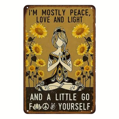 Vintage Böhmische Eisenwandkunst  Ich bin meistens Frieden Liebe und Licht mit Sonnenblumen und Meditationssymbolen    Metallschild für Ho