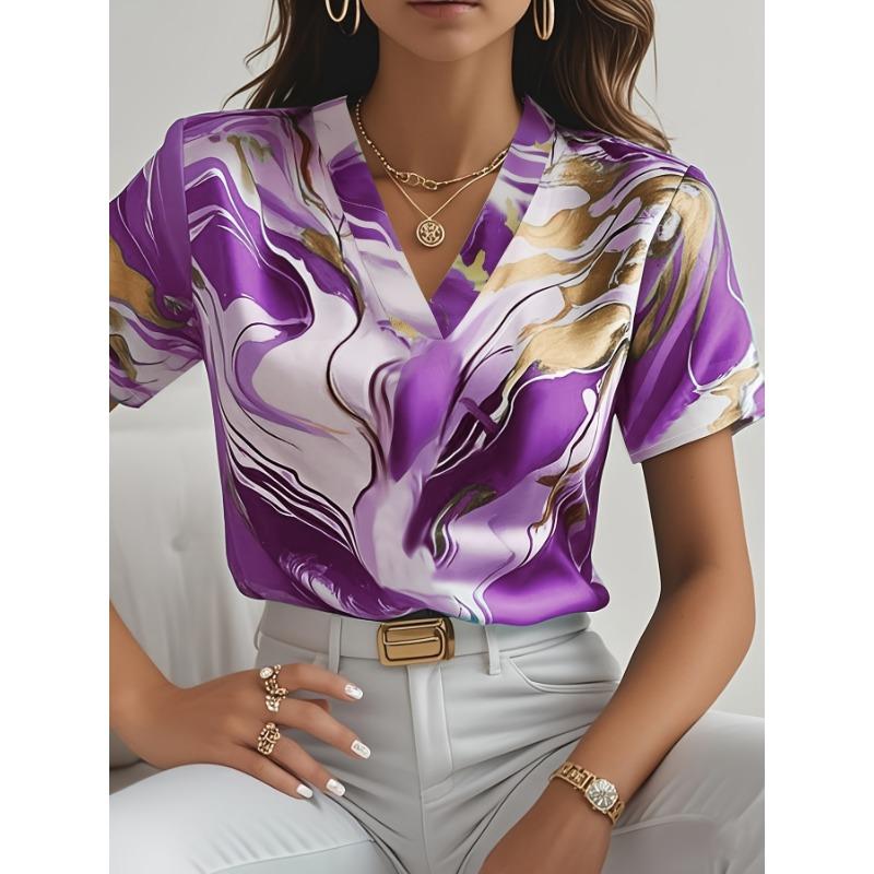 Women's Elegant Marble Print Short-sleeved Shirt Spring and Summer