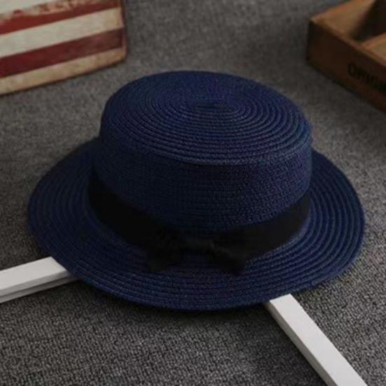 Beach Straw Hat Flat Top Wide Brim Sun Protection Hat with Black Ribbon Bow Hand-Woven Breathable Summer Hat