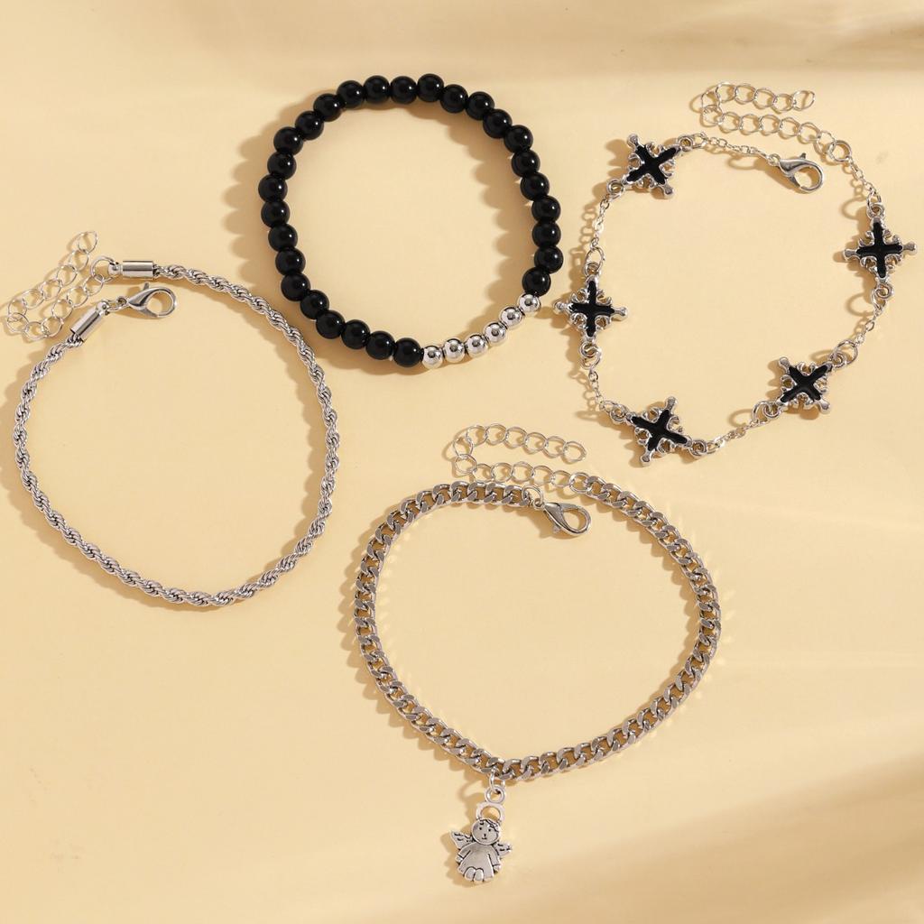 Gothic Cross and Angel Charm Layered Bracelet Set Stackable Black and Silver Jewelry
