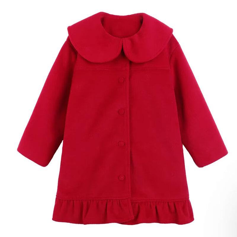 Girl's Mid-Length Red Woolen Coat