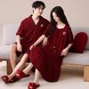 Couple Pajamas Summer Cotton Short-sleeved Nightgown Thin Wedding Wedding Burgundy Festive Natal Year Cotton Suit