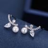 Elegant European Rhinestone Leaf Stud Earrings with Pearls