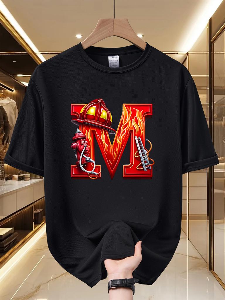 Firefighter Pride Letter M TShirt Fire Helmet Hydrant Print Casual Loose Fit Short Sleeve Tee