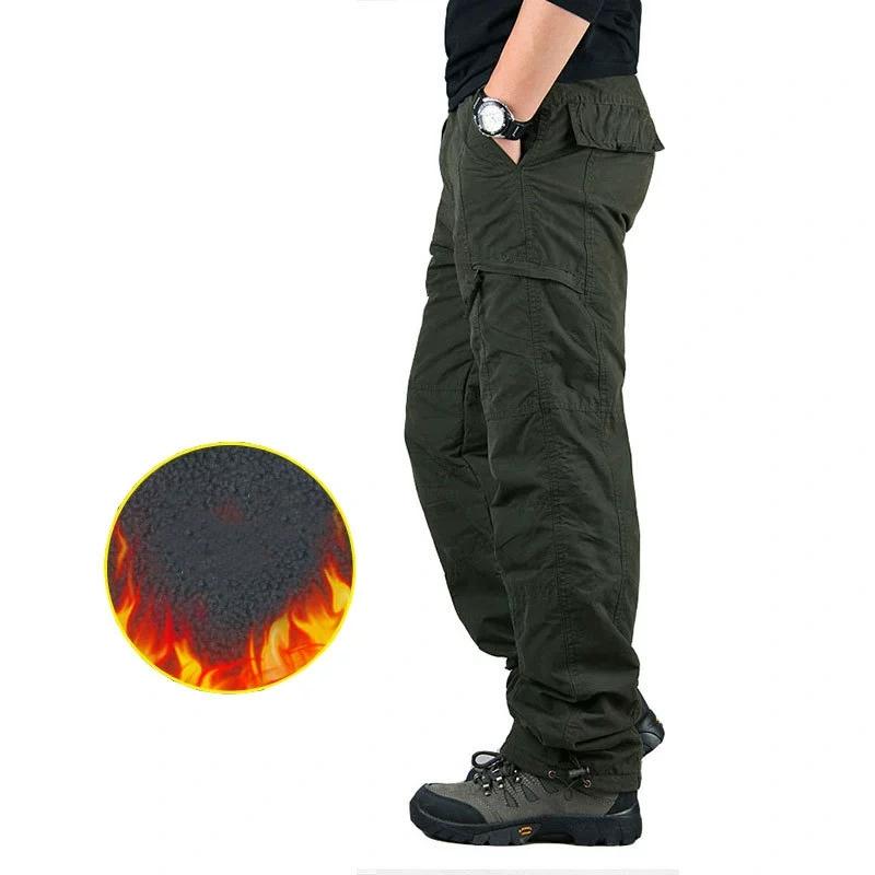 Autumn Winter Thicken Fleece Pants Men Casual Warm Overalls Multi-pocket Trousers Thermal Cargo Pants Mens Clothing Plus Size