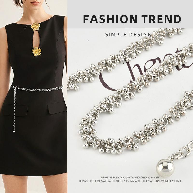 French Retro Pure Niche Metal Waist Chain Women's Decorative Dress Suit Bead Accessories Belt Girls