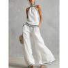Women's Two Piece Set Halter Top Wide Leg Pants Contrast Trim Summer Vacation Outfit