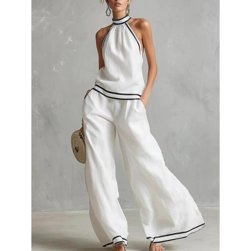 Women's Two Piece Set Halter Top Wide Leg Pants Contrast Trim Summer Vacation Outfit
