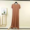 Loose V-Neck Short-Sleeve Modal Nightdress for Plus-Size Women - Spring/Summer Long Slit Skirt Style