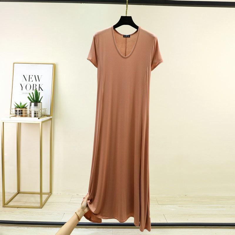 Loose V-Neck Short-Sleeve Modal Nightdress for Plus-Size Women - Spring/Summer Long Slit Skirt Style