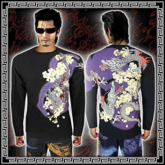 Karakuri Damashii Fujin Raijin Embroidered Long Sleeve Shirt, Black, Japanese Yakuza Style Streetwear, Size XL