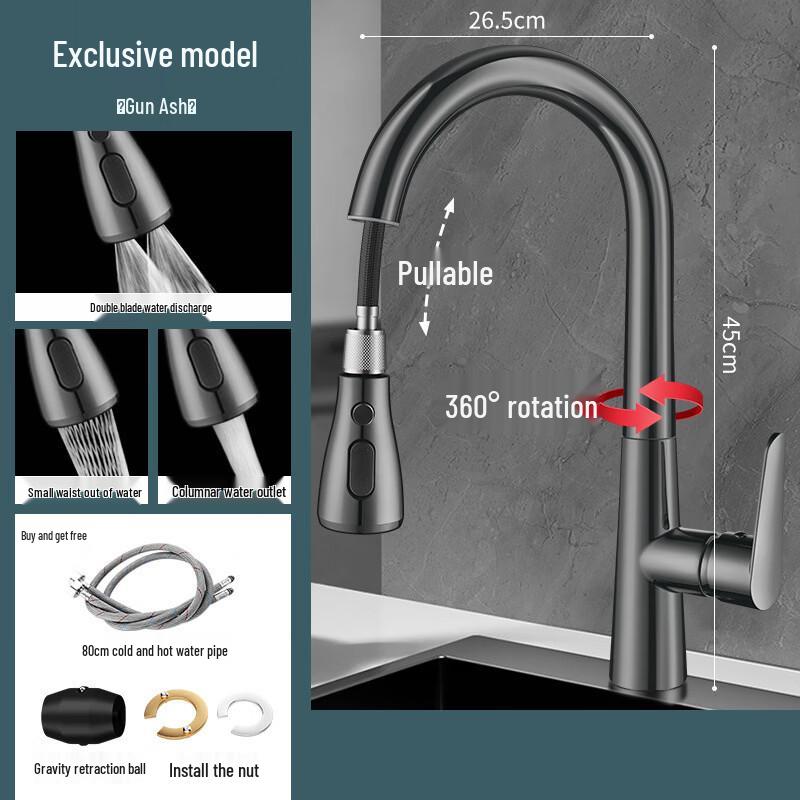 Yuzhuxun Gunmetal Grey Brass Wall-Mounted Pull-out Kitchen Faucet