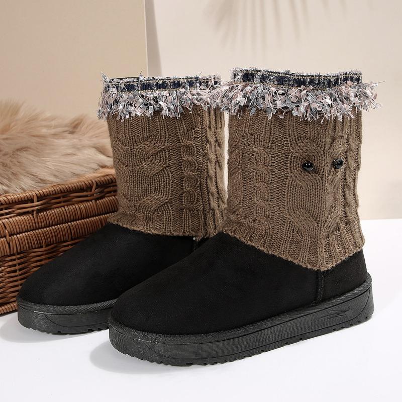 Fashion Mid-barrel Cotton Boots Winter New Round Toe Suede Stitched Platform Anti-slip Wear-resistant Snow Boots