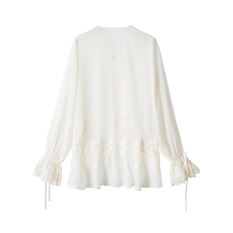 2026 Streetwear Lace Patchwork Loose Fit Long Sleeve Shirt Women - Round Neck Button Front Casual Top