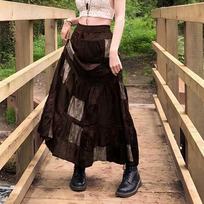 Vintage Color-Block Print Patchwork Fleece Boho Midi Dress for Women - Ethnic Versatile Mid-Length Skirt