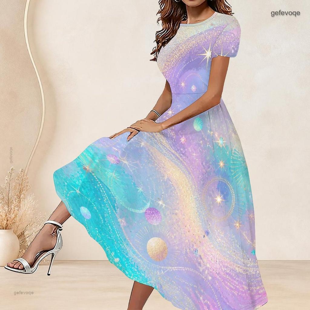 Women Plus Size Round Neck Short Sleeve Rhinestone Printed A Line Long Dress