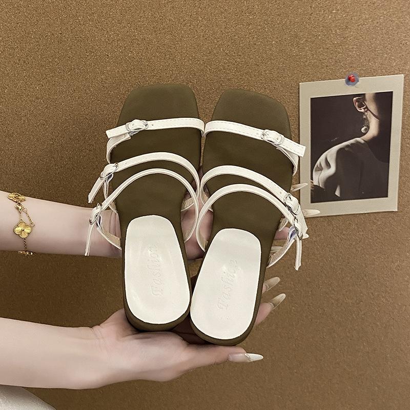 French Simple Word with Open-toed Thick Heel Sandals Women's Wear 2025 New Temperament Roman Sandals