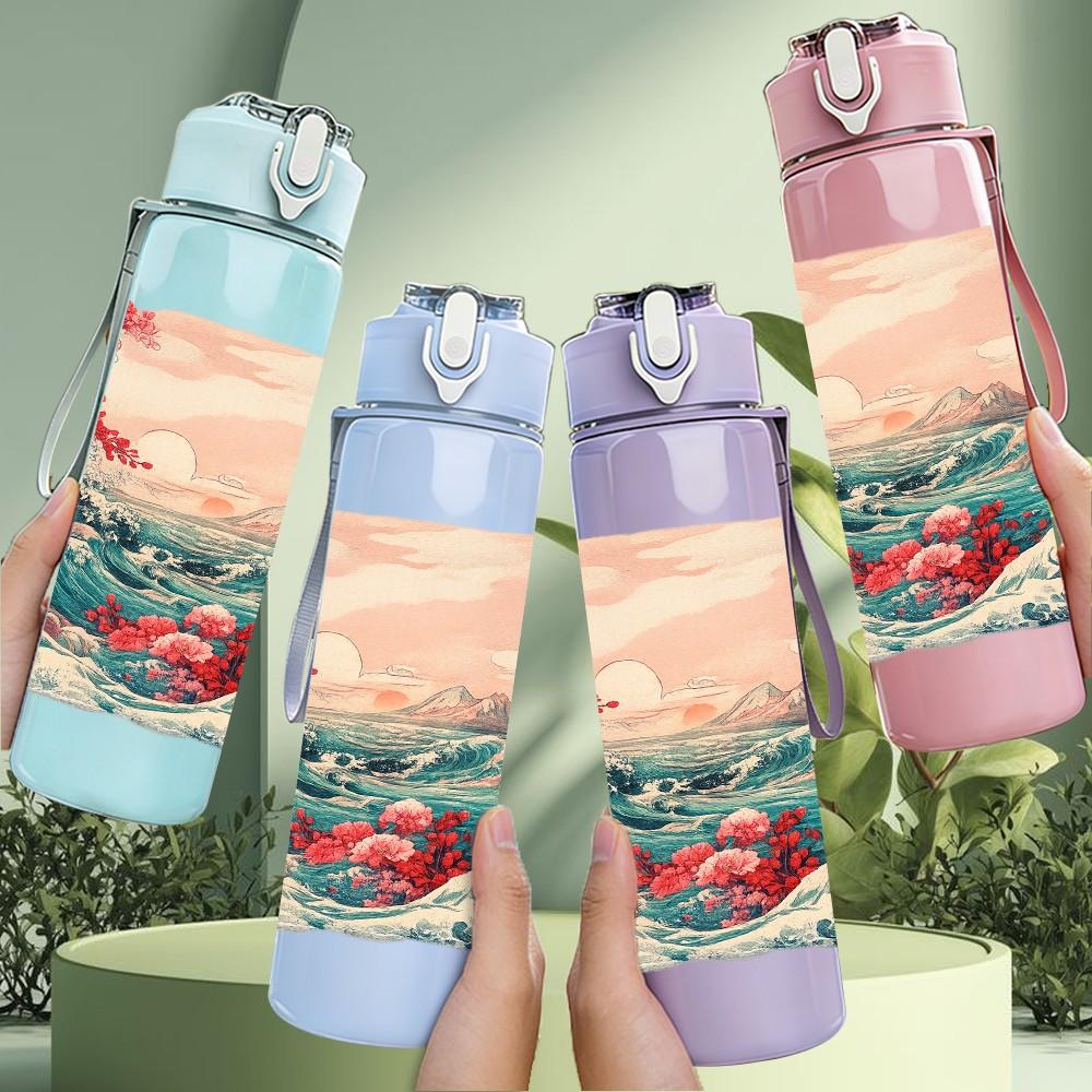 1PC Ocean Wave Mountain Watercolor Print 750ml Color Plastic Sports Water Bottle Leakproof Flip Straw Lid Suitable for Sports Office Home Use