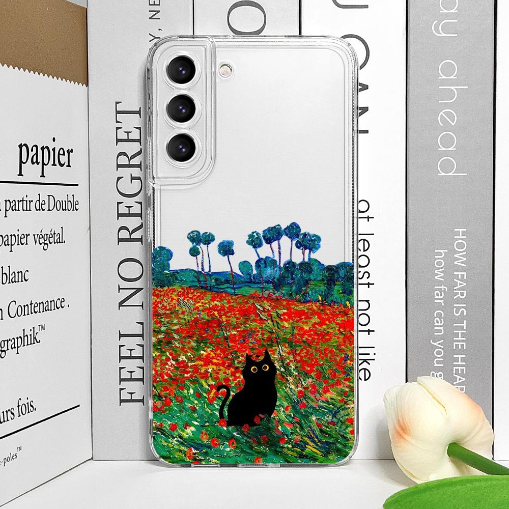Vintage Oil Painting Van-Gogh Black Cat Phone Case for Samsung Galaxy A14 A16 A55 A54 A36 A53 A13 A15 A25 5G Scenery Clear Cover