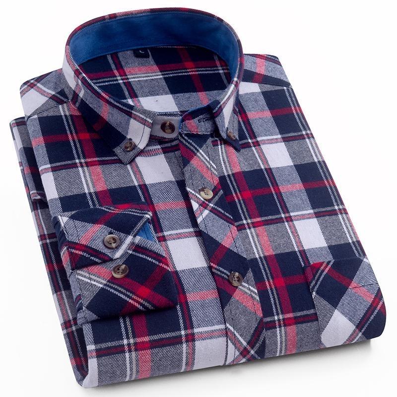 Men's Plaid Shirt - Pure Cotton Flannel, Long-Sleeved, Button Collar, Soft, Warm, Casual