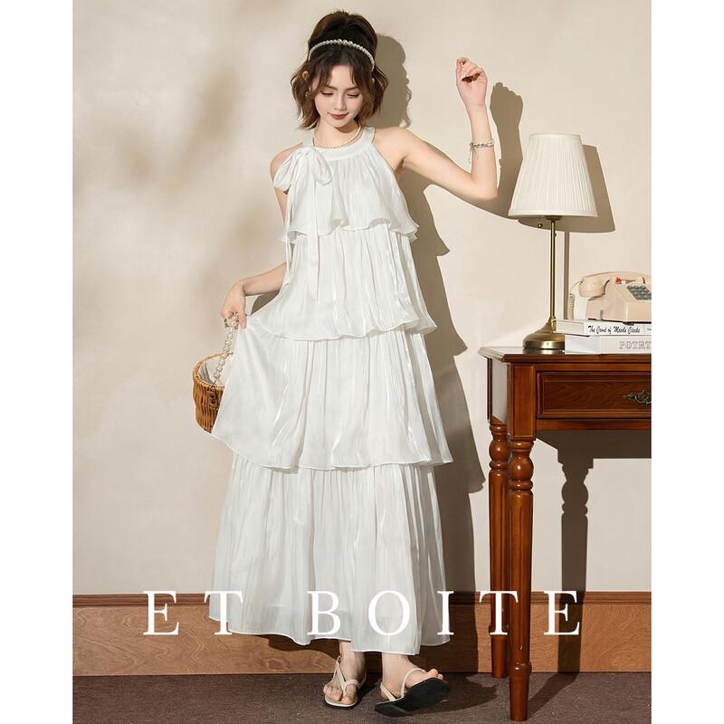 ET BOITE French Bow Halter Off-Shoulder Ruffle Tiered Dress S