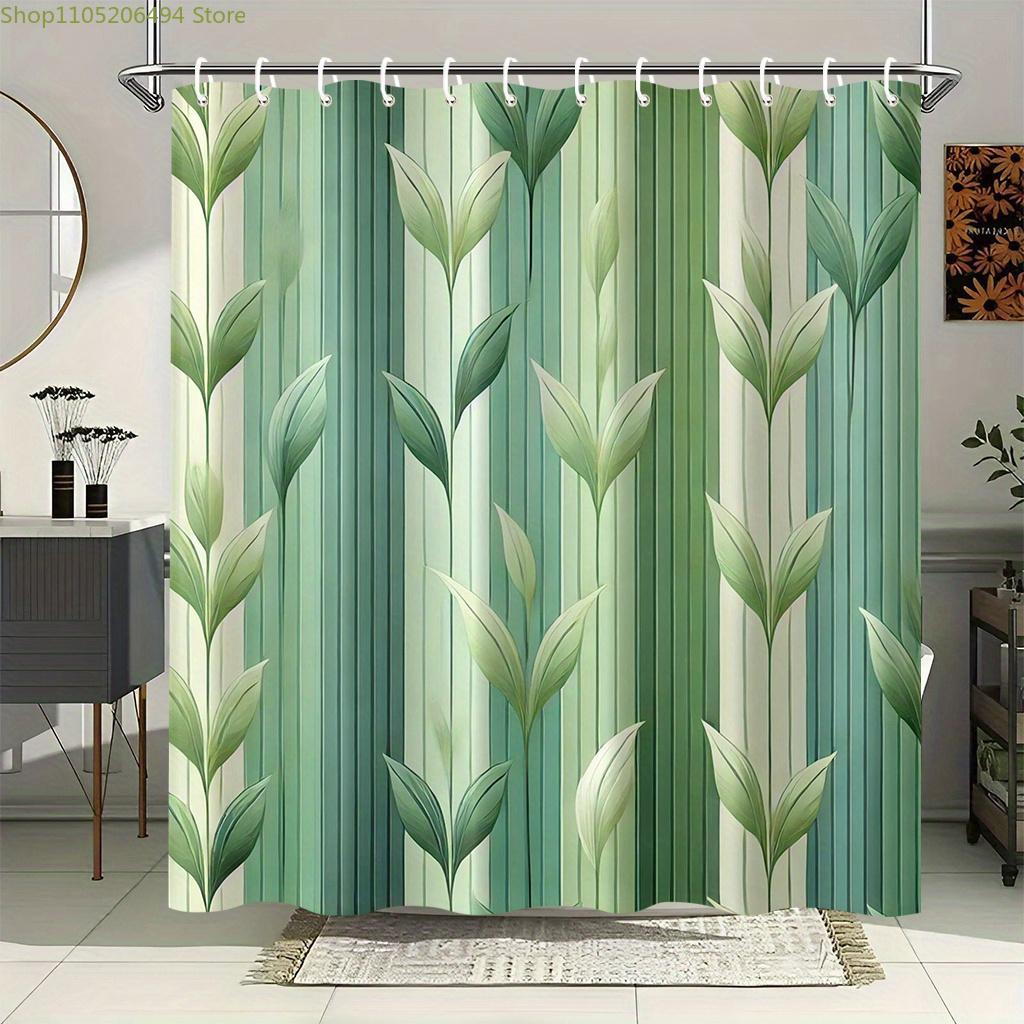 

A Shower Curtain With A Green Leaf Striped Design, Measuring 177.8X177.8 Cm, Includes 12 Hooks, Made Of Polyester Fabric, Easy W60H190(CM)-1 Pcs