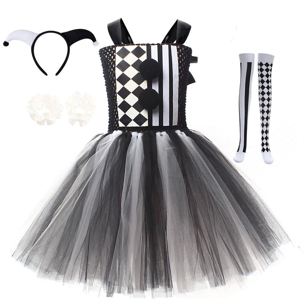 Kids Terrifier Black White Clown Tulle Dress Halloween Role Play Stage Costume