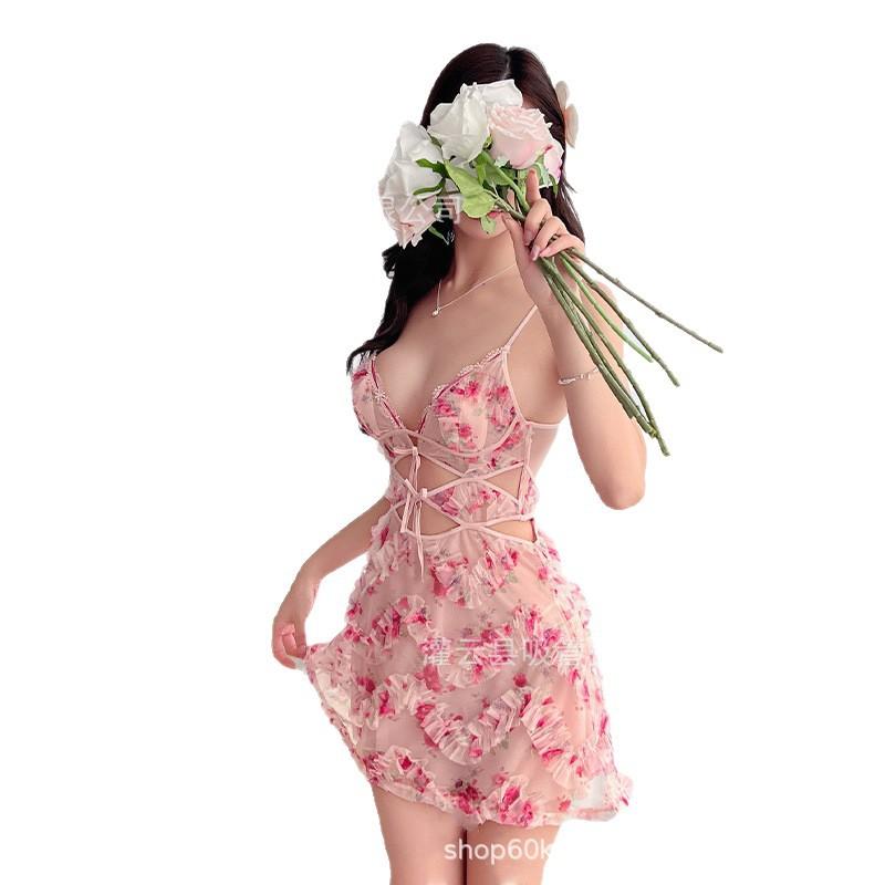 Sex underwear rose flower with chest pad pure desire fairy suspender hollow back tulle perspective