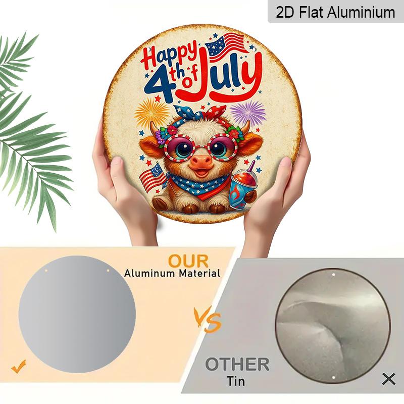 2D Flat, 1pc Round "Happy 4th of July" Highland Cow Aluminum Hanging Sign, Cute Patriotic USA Flag Firework Design, Vintage Metal Wall Decor, Perfect